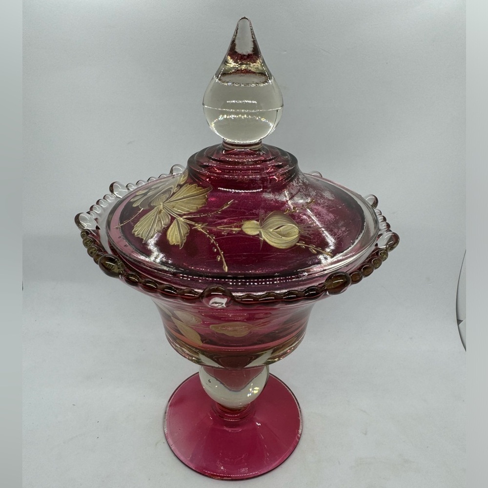 Vintage Paden City Cranberry Flash Pedestal Compote and Lid with Painted Flowers